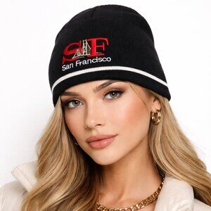 Lanza SF San Francisco Knit Beanie Hat Black Embroidered Logo Winter Unisex